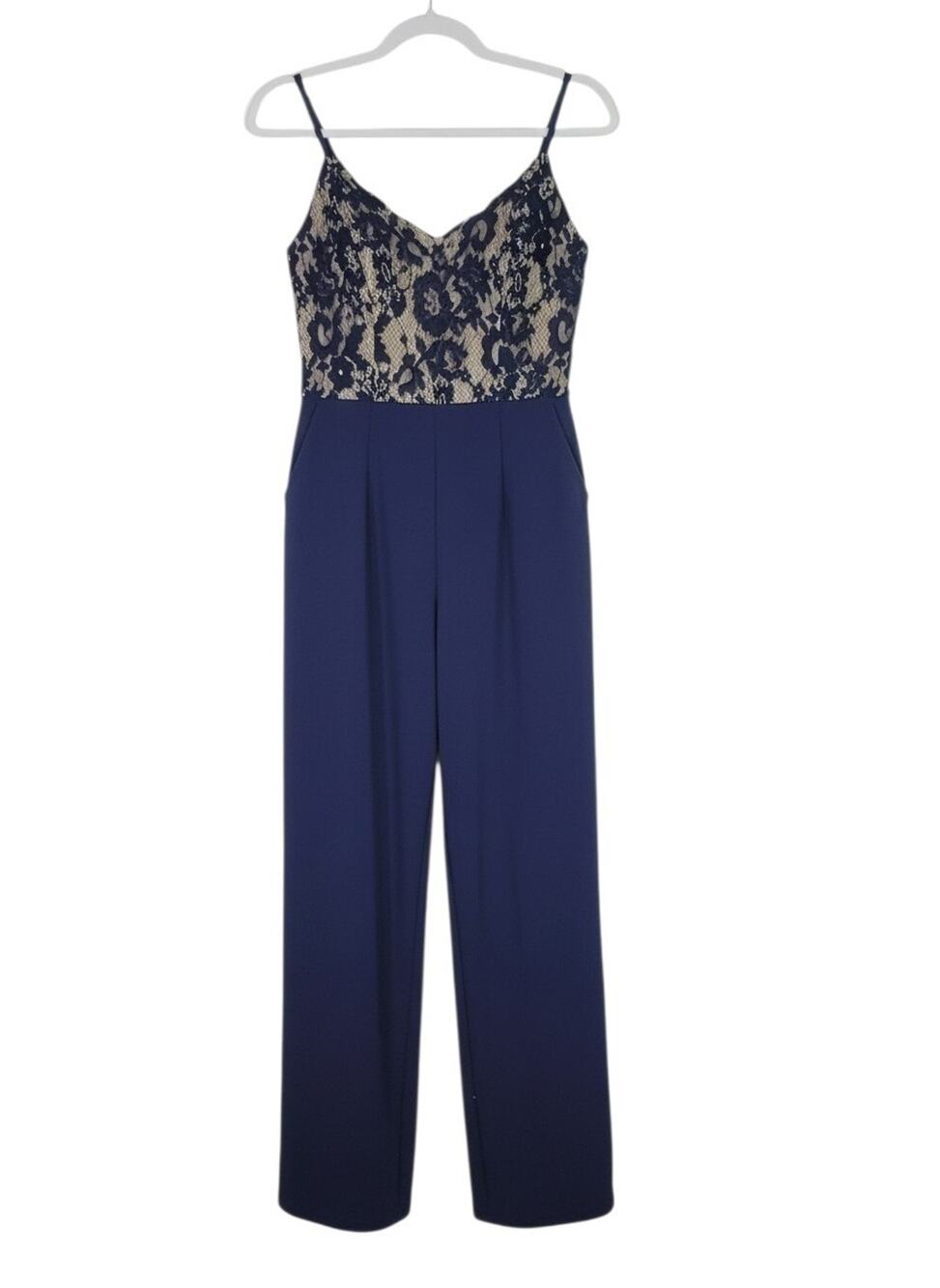 MI AMI Francesca's Navy Blue Wide-Leg Jumpsuit Beige/Navy Lace Bodice Size Small